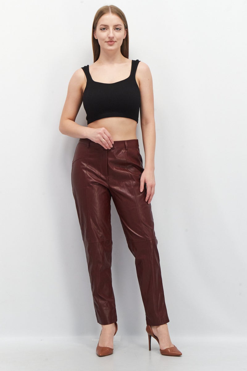 EDC Women Regular Fit Solid Faux Leather Pants, Maroon - Image 2